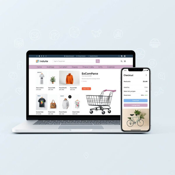 Responsive e-commerce website design on laptop and mobile screen with product listings and shopping cart